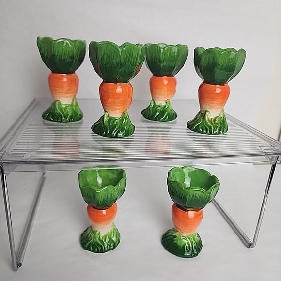 SIX Orange Green Carrot Ceramic Egg Holders Cottontale Filigree Easter  1990's - Picture 2 of 8
